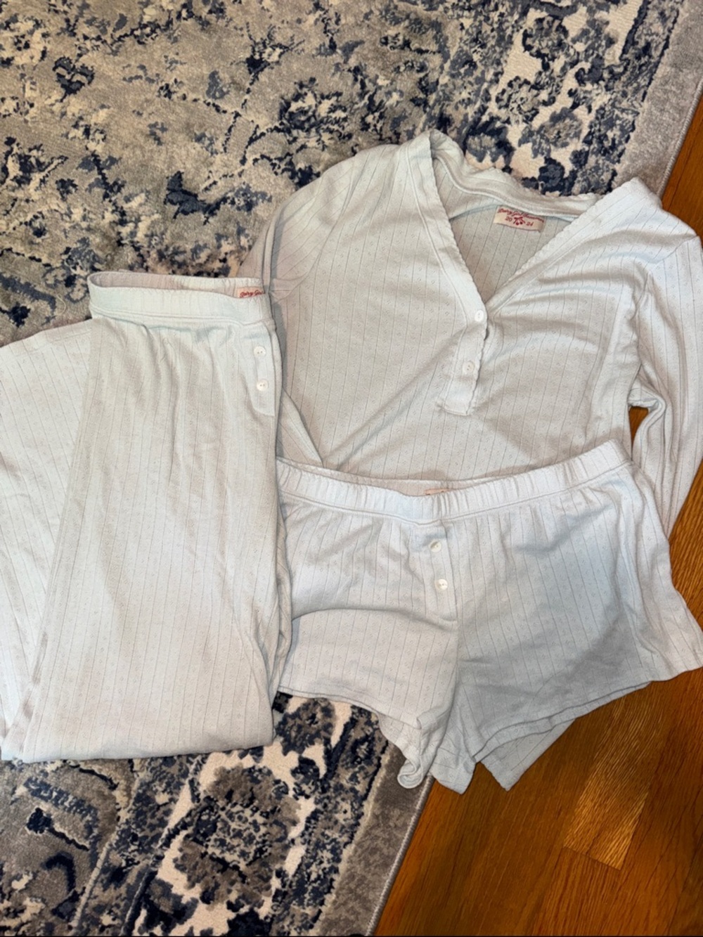 Dairy Boy Women's Light Blue Pajama Set - long sleeve Sleep Top, pants andShorts